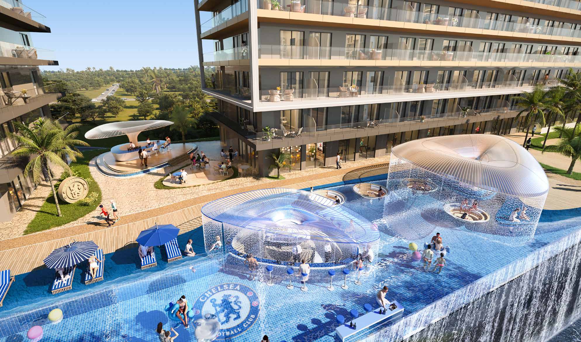 Chelsea Lion Beach pool with canopies, loungers and the club crest