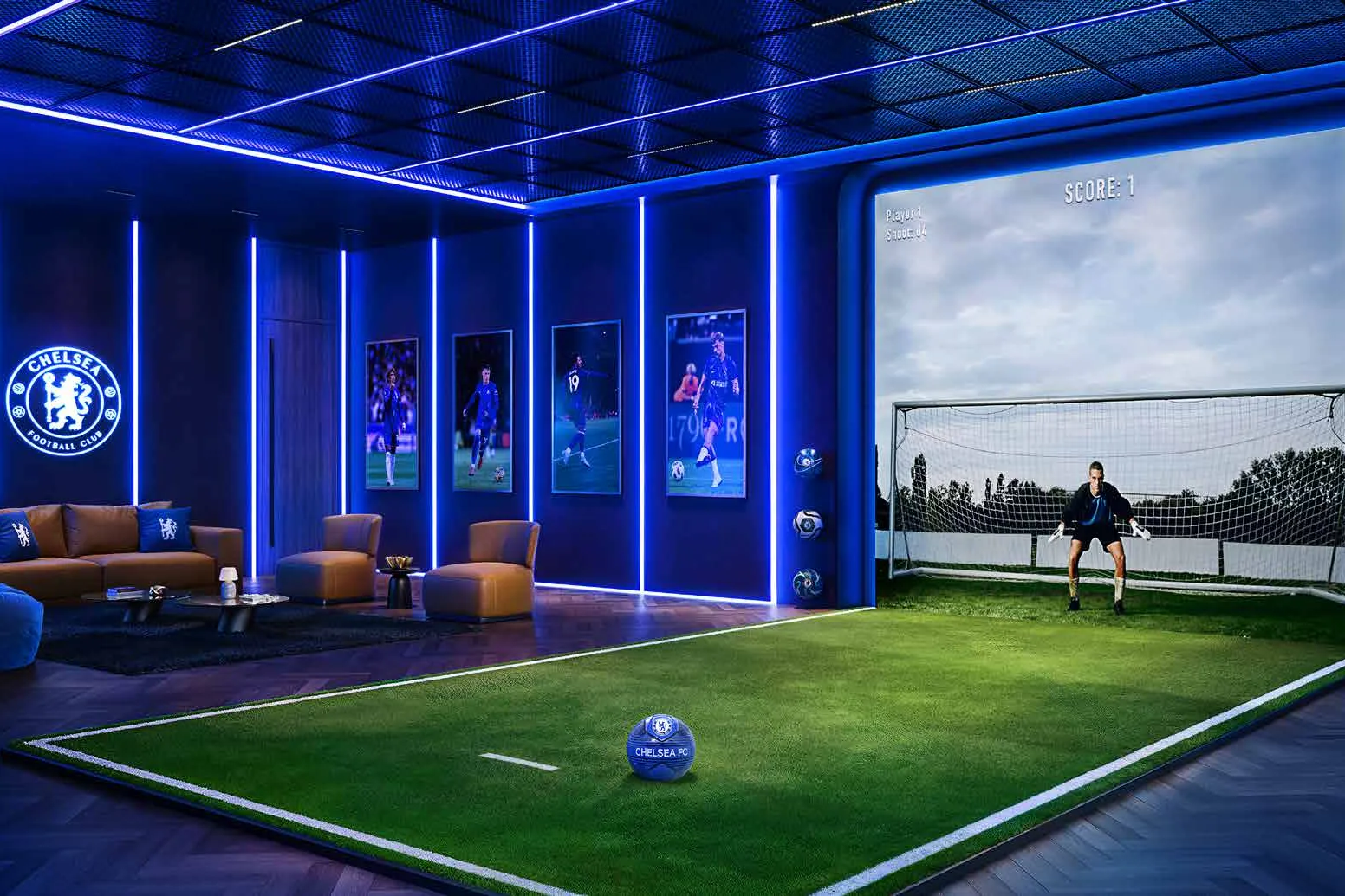 Blue-lit room with turf, goal screen and lounge seating
