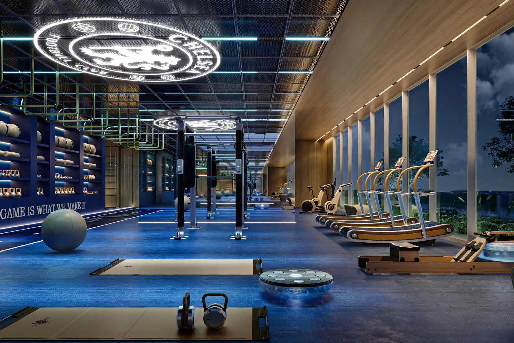 Training centre with treadmills, rowers and racks beside tall windows