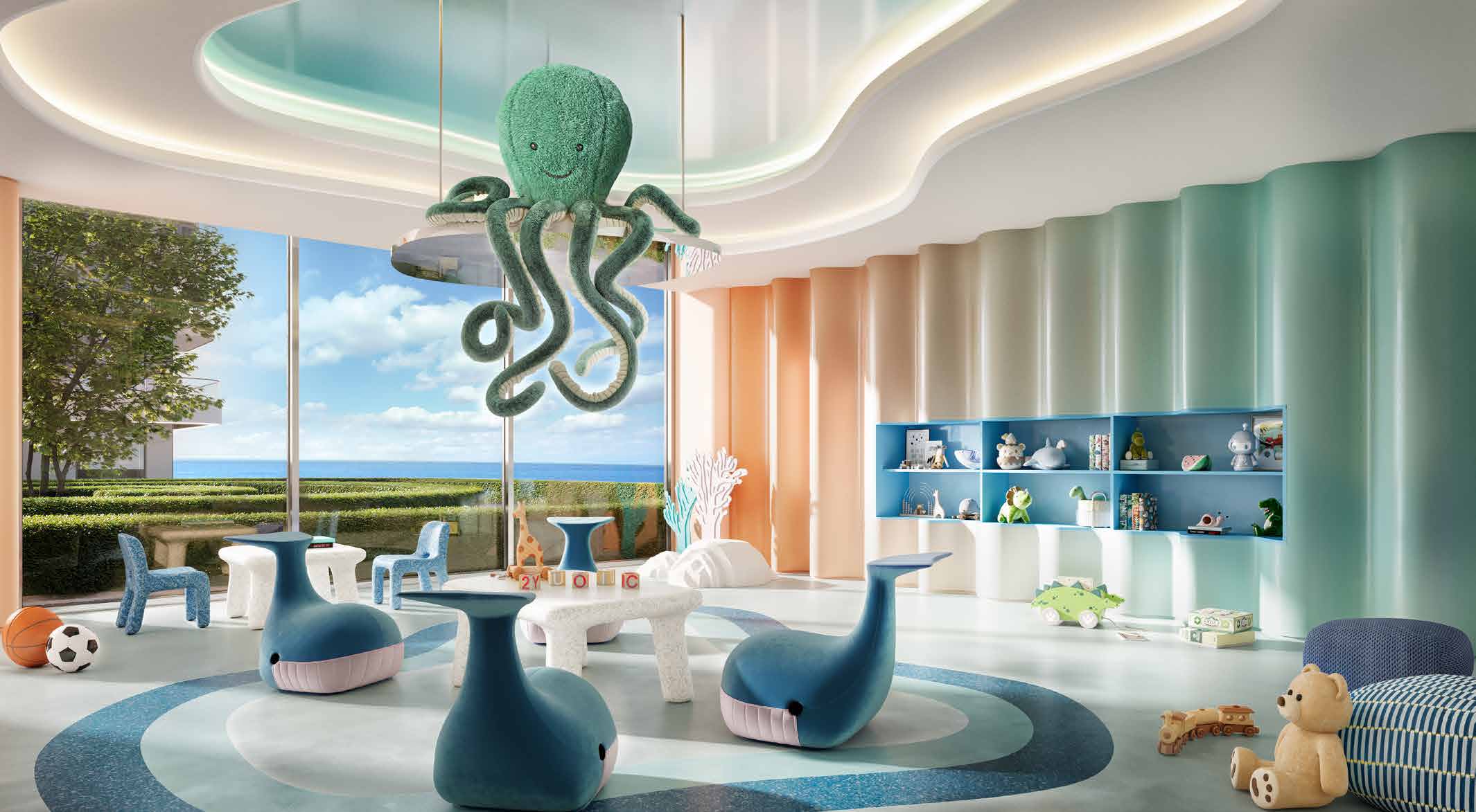 Underwater-themed playroom with whale seats and a hanging octopus