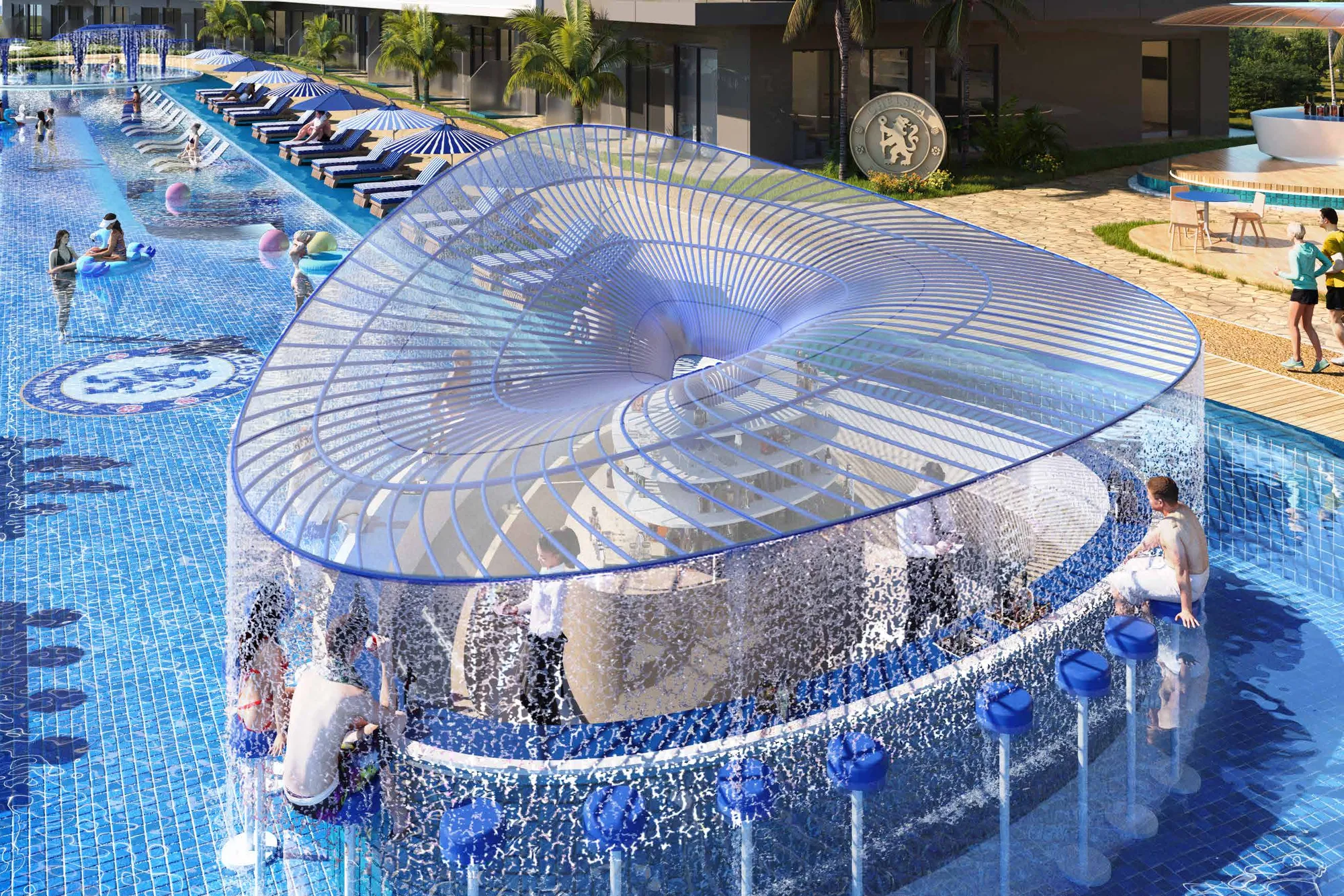 Pool bar under a curved canopy with swim-up stools and sunken seating