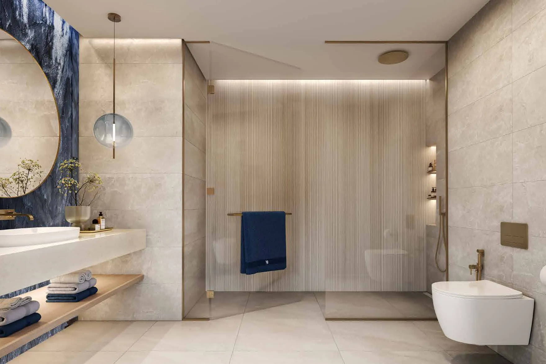 Stone bathroom with round mirror, walk-in shower and blue marble wall